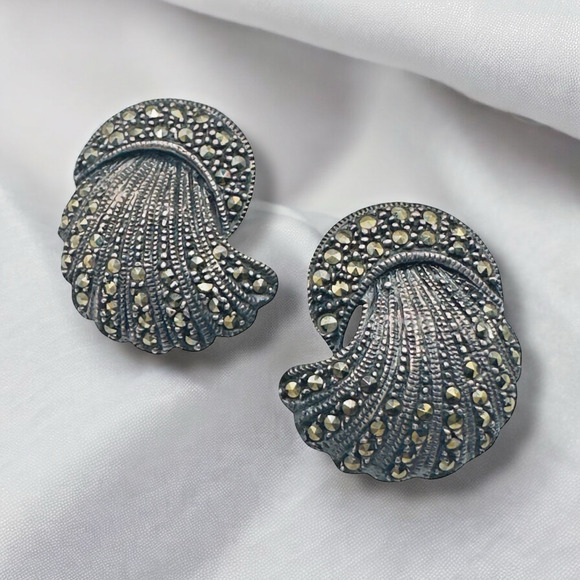 Estate Marcasite Earrings Signed MC Marsala Art Deco Sterling 925 8 gm NO BACKS - Picture 1 of 8